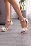 White Floral Embellished Ankle Strap Stiletto Wedding Sandals