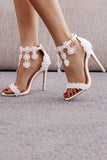 White Floral Lace High Heel Ankle Strap Wedding Sandals