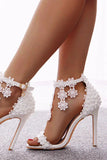 White Floral Lace High Heel Ankle Strap Wedding Sandals