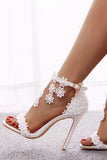 White Floral Lace High Heel Ankle Strap Wedding Sandals