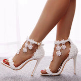 White Floral Lace High Heel Ankle Strap Wedding Sandals