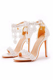 White Floral Lace High Heel Ankle Strap Wedding Sandals