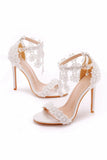 White Floral Lace High Heel Ankle Strap Wedding Sandals
