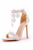 White Floral Lace High Heel Ankle Strap Wedding Sandals