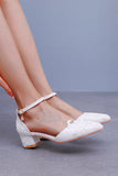 White Floral Embroidered Ankle Strap Block Heel Wedding Shoes