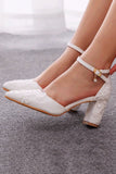 White Floral Embroidered Ankle Strap Block Heel Wedding Shoes