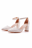 White Floral Embroidered Ankle Strap Block Heel Wedding Shoes