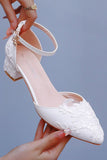 White Floral Embroidered Ankle Strap Block Heel Wedding Shoes