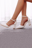 White Floral Embroidered Ankle Strap Block Heel Wedding Shoes