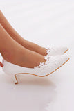 White Lace Kitten Heel Closed Toe Pointed Wedding Shoes