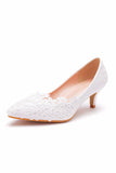 White Lace Kitten Heel Closed Toe Pointed Wedding Shoes