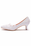 White Lace Kitten Heel Closed Toe Pointed Wedding Shoes