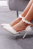 White Block High Heel Point Toe Ankle Strap Wedding Shoes with Pearls
