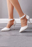 White Block High Heel Point Toe Ankle Strap Wedding Shoes with Pearls