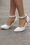 White Block High Heel Point Toe Ankle Strap Wedding Shoes with Pearls