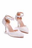 White Block High Heel Point Toe Ankle Strap Wedding Shoes with Pearls
