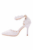 White Block High Heel Point Toe Ankle Strap Wedding Shoes with Pearls