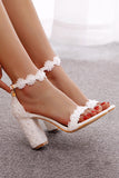 Romantic White Lace Block Heel Wedding Shoes with Pearls