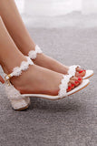 Romantic White Lace Block Heel Wedding Shoes with Pearls
