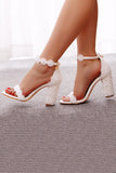 Romantic White Lace Block Heel Wedding Shoes with Pearls