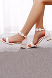 Romantic White Lace Block Heel Wedding Shoes with Pearls
