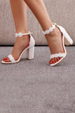 Romantic White Lace Block Heel Wedding Shoes with Pearls
