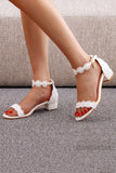 Romantic White Lace Block Heel Wedding Shoes with Pearls