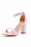 Romantic White Lace Block Heel Wedding Shoes with Pearls