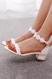Romantic White Lace Block Heel Wedding Shoes with Pearls