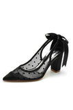 White Mesh Pointed Toe Block Heel Wedding Shoes with Bow