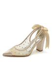 White Mesh Pointed Toe Block Heel Wedding Shoes with Bow