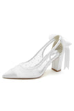 White Mesh Pointed Toe Block Heel Wedding Shoes with Bow