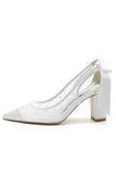 White Mesh Pointed Toe Block Heel Wedding Shoes with Bow