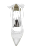 White Mesh Pointed Toe Block Heel Wedding Shoes with Bow