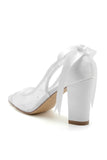 White Mesh Pointed Toe Block Heel Wedding Shoes with Bow