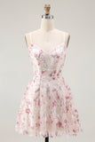 Pink Flower A Line Spaghetti Straps Beaded Homecoming Dress with 3D Flowers