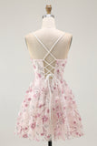 Pink Flower A Line Spaghetti Straps Beaded Homecoming Dress with 3D Flowers