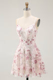 Pink Flower A Line Spaghetti Straps Beaded Homecoming Dress with 3D Flowers