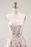 Pink Flower A Line Spaghetti Straps Beaded Homecoming Dress with 3D Flowers