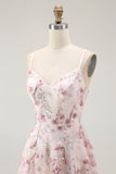Pink Flower A Line Spaghetti Straps Beaded Homecoming Dress with 3D Flowers