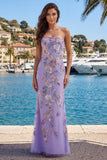 Purple Strapless Sheath Beaded Long Prom Dress with Embroidery