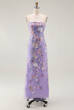 Purple Strapless Sheath Beaded Long Prom Dress with Embroidery
