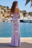 Purple Strapless Sheath Beaded Long Prom Dress with Embroidery
