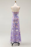 Purple Strapless Sheath Beaded Long Prom Dress with Embroidery