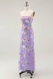 Purple Strapless Sheath Beaded Long Prom Dress with Embroidery