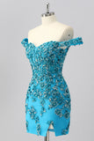 Blue Bodycon Off The Shoulder Beaded Corset Homecoming Dress with Appliques