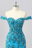 Blue Bodycon Off The Shoulder Beaded Corset Homecoming Dress with Appliques