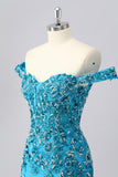 Blue Bodycon Off The Shoulder Beaded Corset Homecoming Dress with Appliques