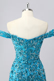 Blue Bodycon Off The Shoulder Beaded Corset Homecoming Dress with Appliques