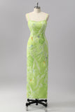 Green Sheath Spaghetti Straps Floral Sequin Formal Dress with Beading
